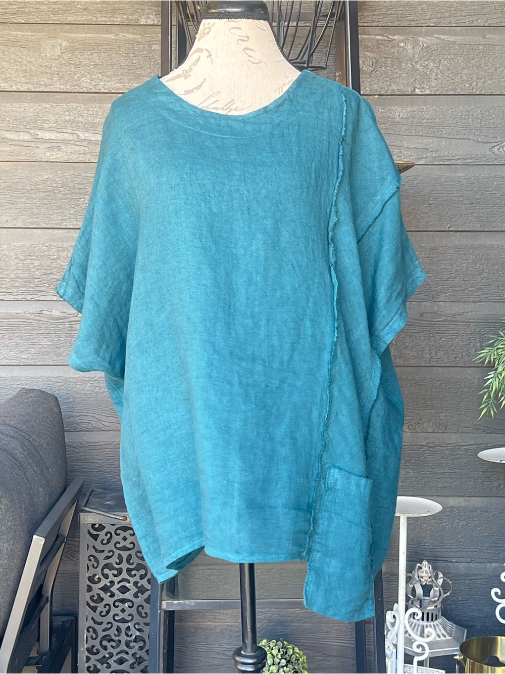 T by Transparente Linen Teal Lagenlook Tunic Pocket Top Oversized Size 1 (S/M)